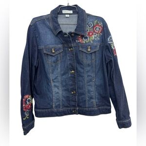 Coldwater Creek Embroidered Floral Denim Jacket Women's Medium